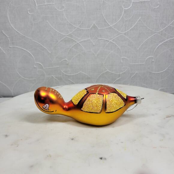 VTG De Carlini Turtle Reflector Ornament Orange Handpainted Glittered Indent - Picture 2 of 16